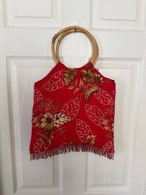 Vintage Red Sequin Beaded Fringe Hawaiian Floral Vacation Handbag
